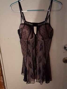 delicates Black Sheer Lace Chemise with Polka Dot and Floral Detail